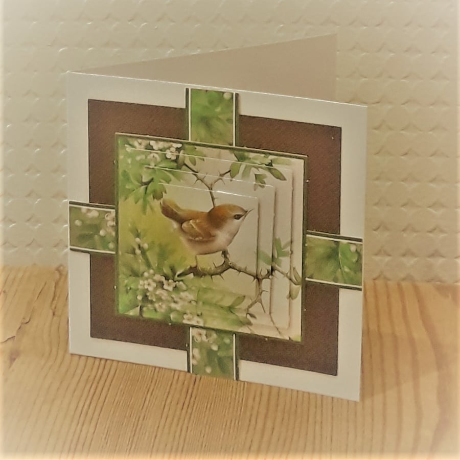 Wren in May Blossom Mini Card with handmade envelope