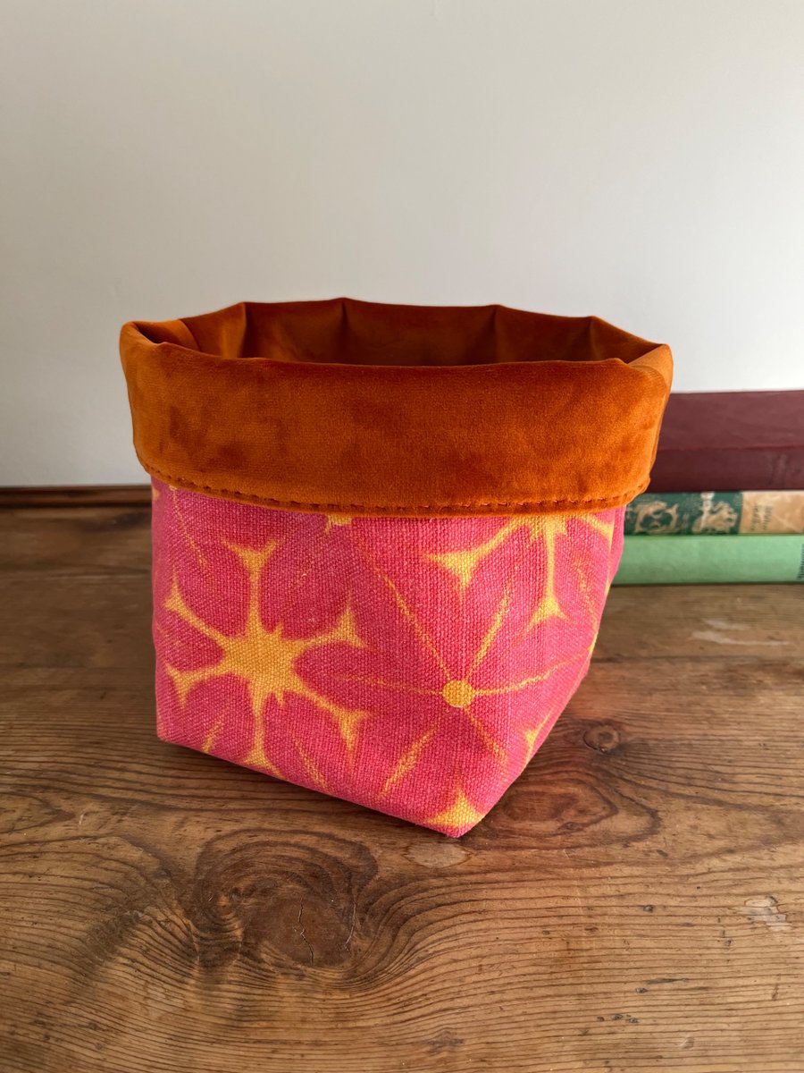 Orange and Pink linen and velvet reversible storage basket plant pot