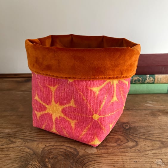 Orange and Pink linen and velvet reversible storage basket plant pot