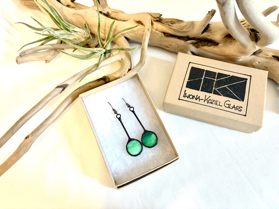 Green stained glass dangle earrings, minimalist, unique, handmade, geometric 