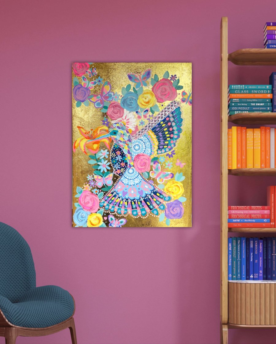Large Scale Original Art canvas - Hummingbird on Gold 70cm x 50cm
