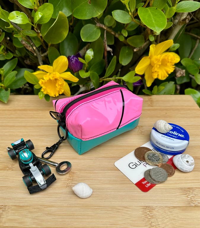 Pink and Teal - Repurposed - Chunky Keyring Pouch 