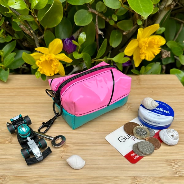 Pink and Teal - Repurposed - Chunky Keyring Pouch 