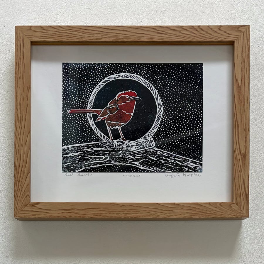 Framed Red Robin Linoprint with Hand Watercolour Pearlised Paint