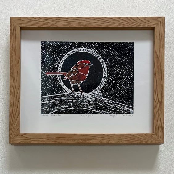 Framed Red Robin Linoprint with Hand Watercolour Pearlised Watercolour