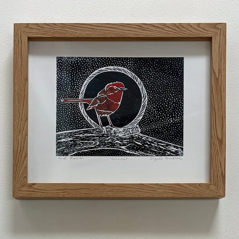 Framed Red Robin Linoprint with Hand Watercolour Pearlised Paint
