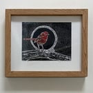 Framed Red Robin Linoprint with Hand Watercolour Pearlised Paint