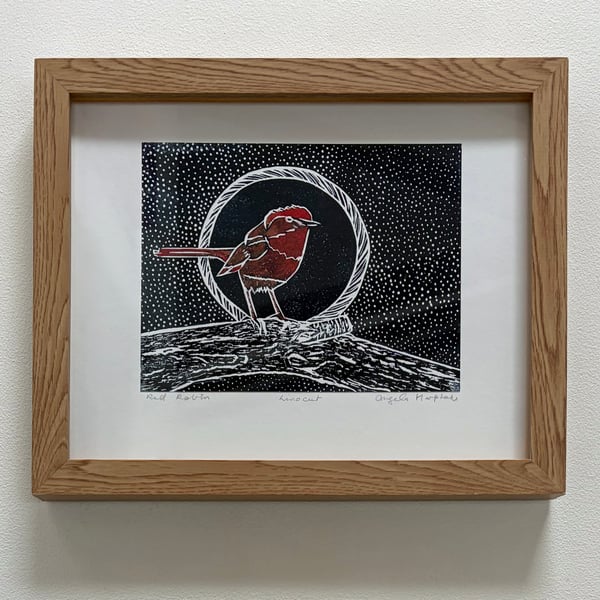 Framed Red Robin Linoprint with Hand Watercolour Pearlised Paint