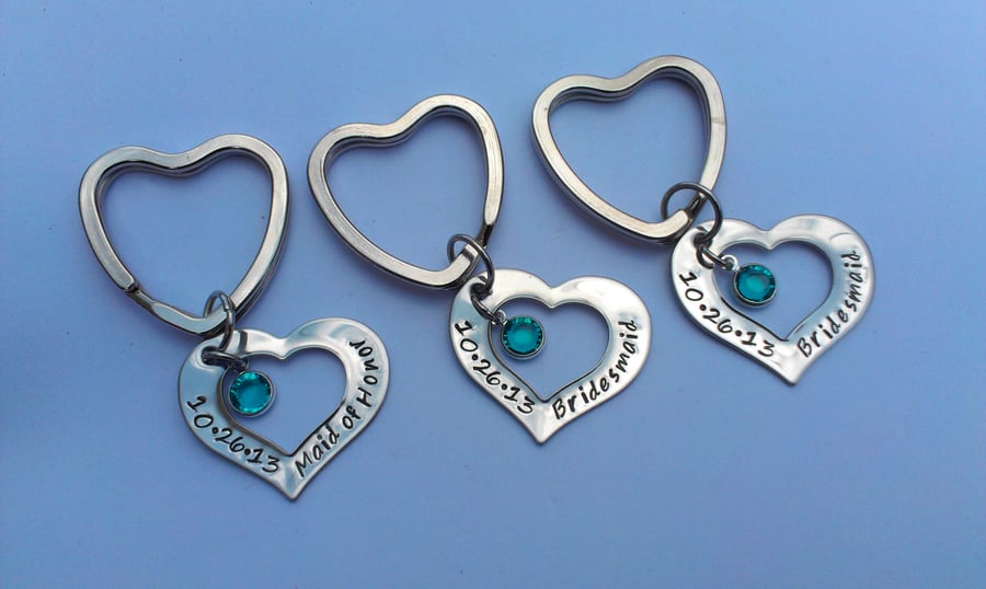 Hand stamped personalised heart keyring for bridesmaids