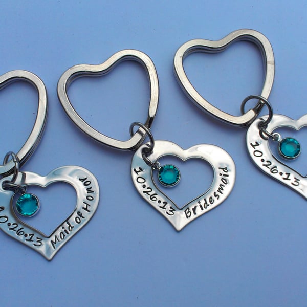 Hand stamped personalised heart keyring for bridesmaids