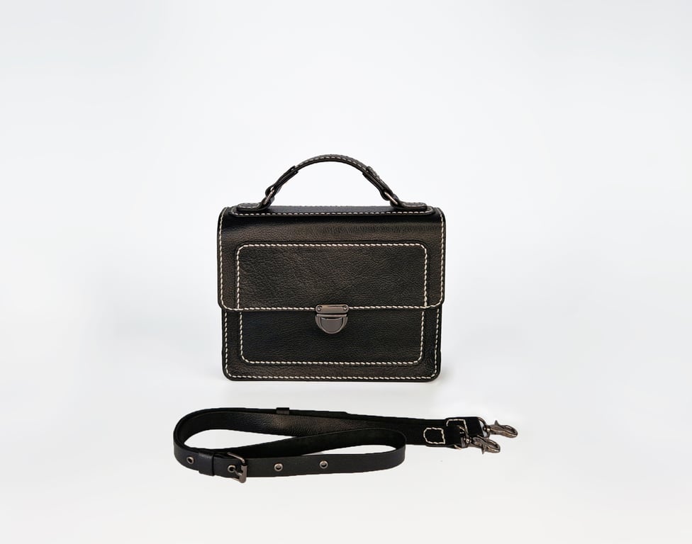 Leather Shoulder Cross-body Black Top Handle Bag, Gift Idea