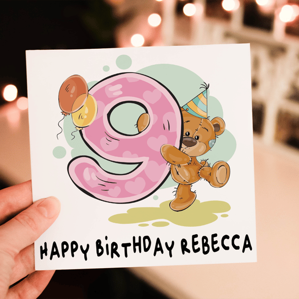 Teddy 9th Birthday Card, Card for 9th Birthday, Birthday Card, Friend Birthday