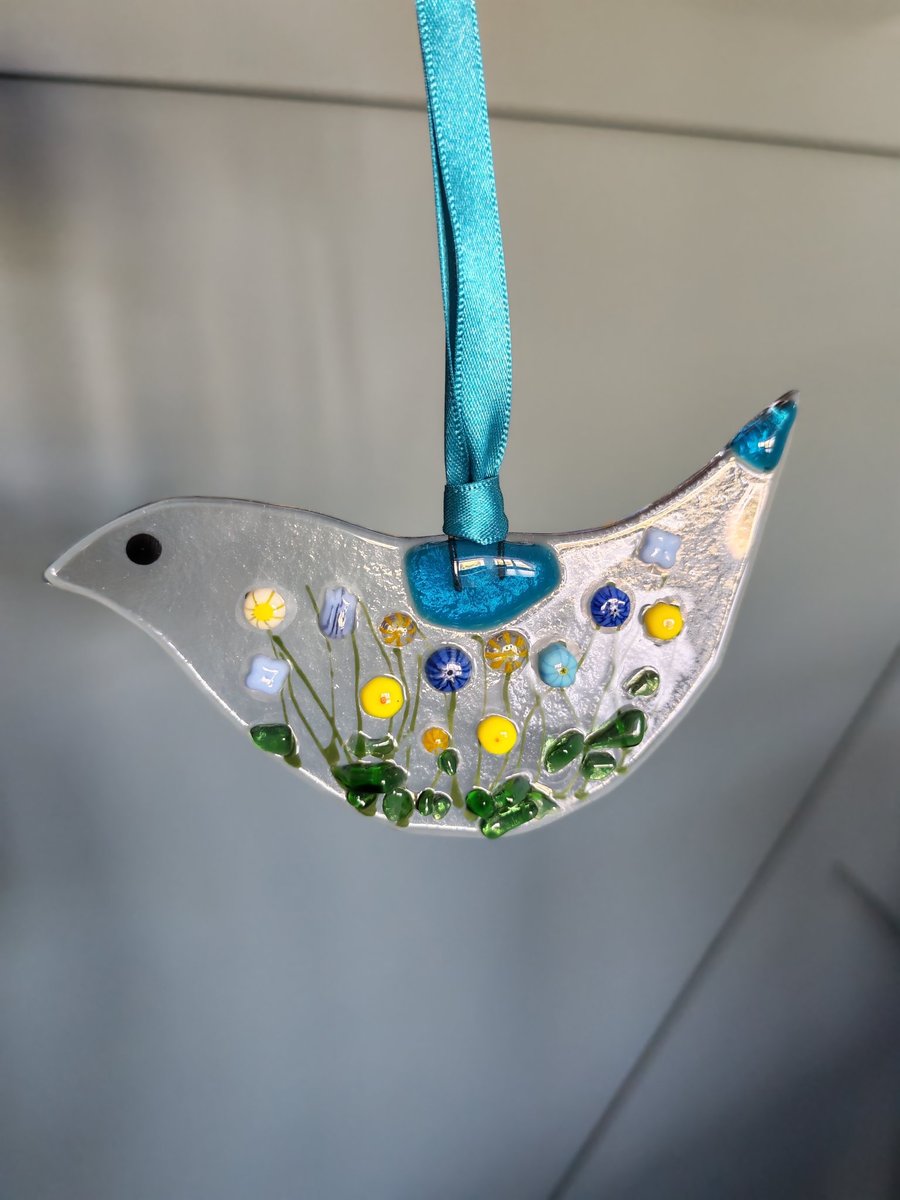 Floral Fused Glass Hanging Bird