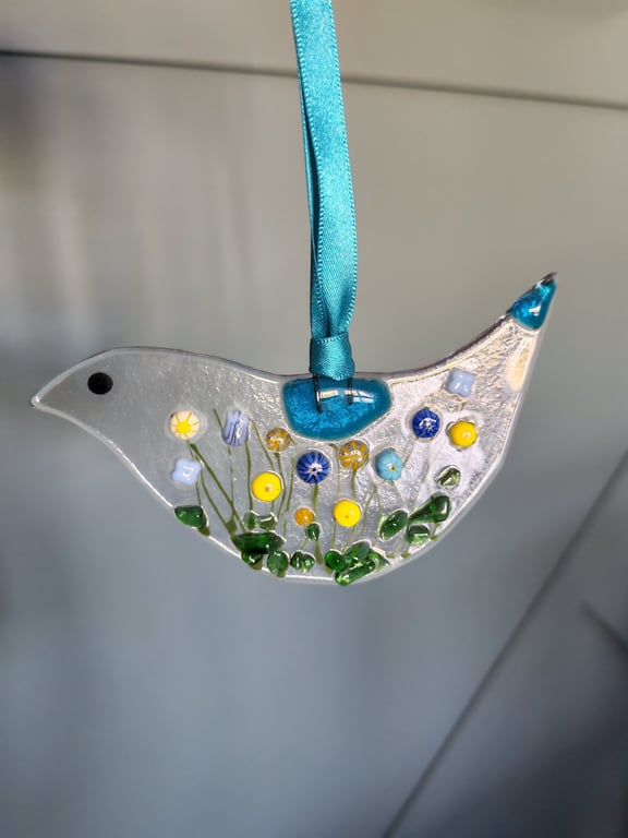 Floral Fused Glass Hanging Bird