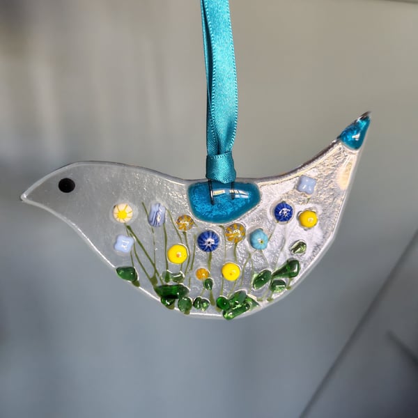 Floral Fused Glass Hanging Bird