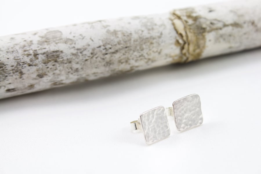 Silver Hammered Square Stud Earrings