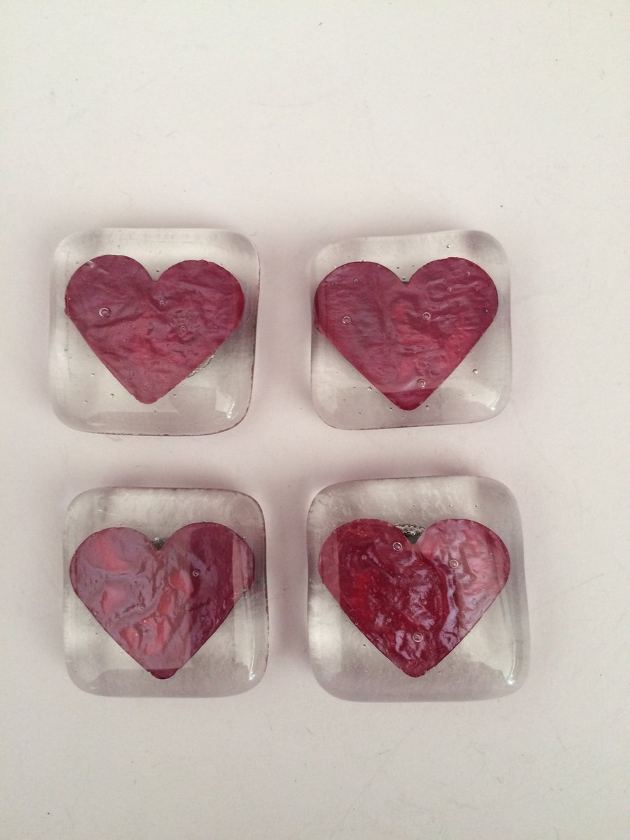 Handmade Fused Glass Heart Fridge Magnets Set of Four