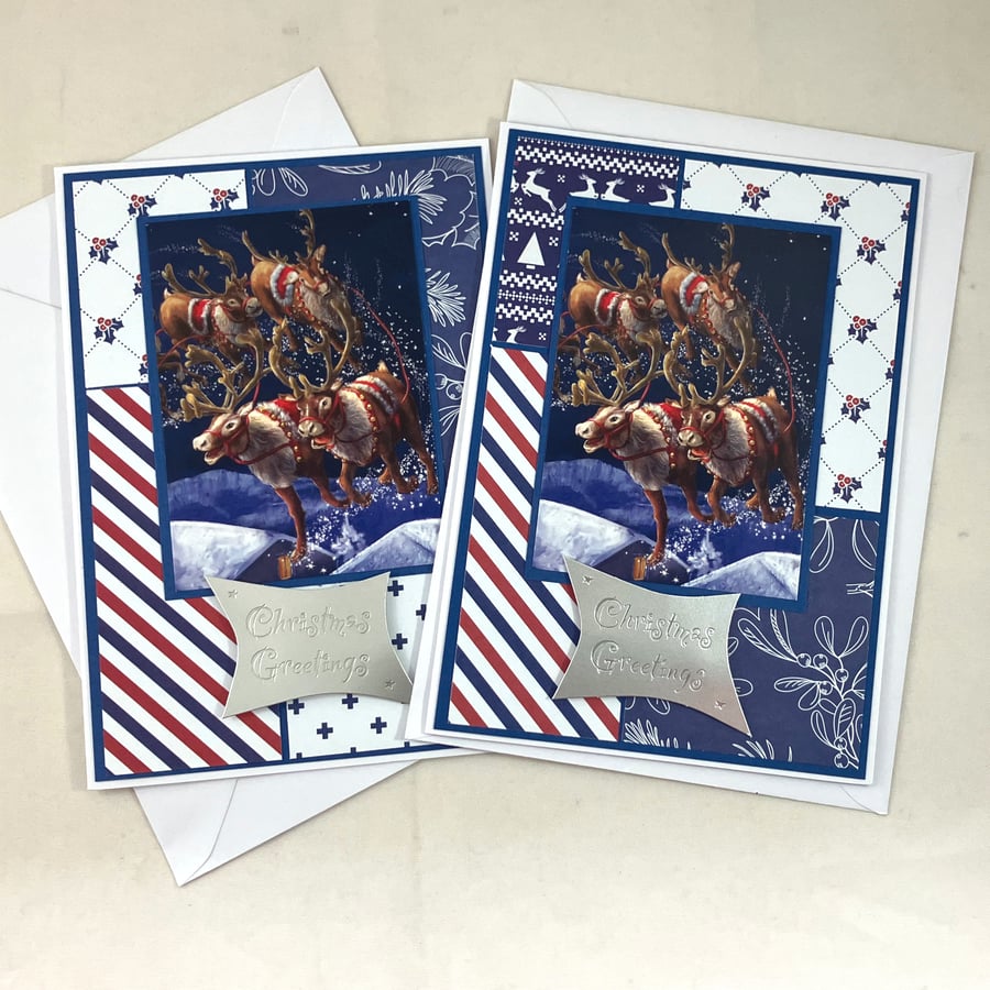 Pack of 2 Christmas cards - Flying reindeer