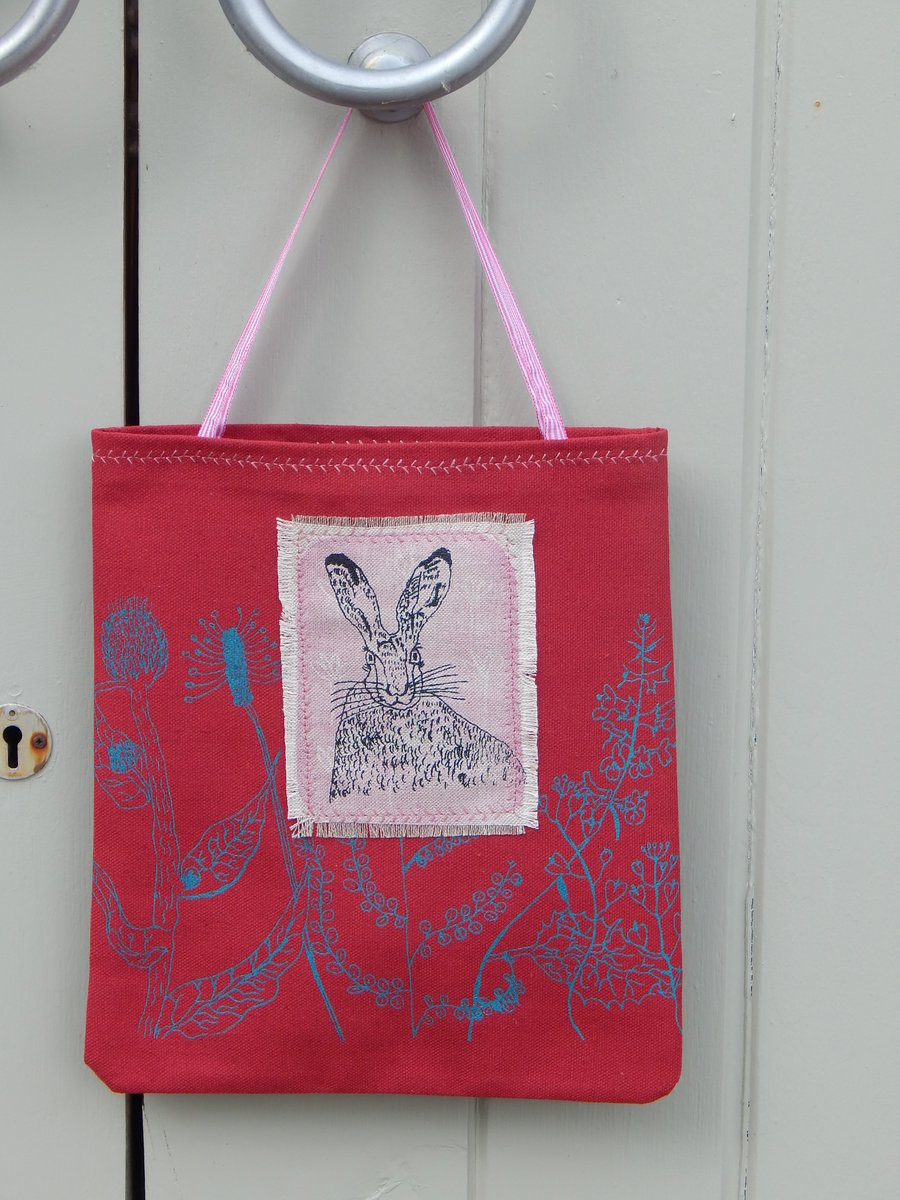Hare  - Red Cotton Screen printed bag 24x27cm