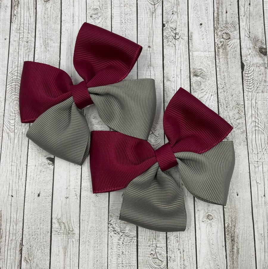 School Wine and Grey Two Tone Double with Bows on Clips (pair)