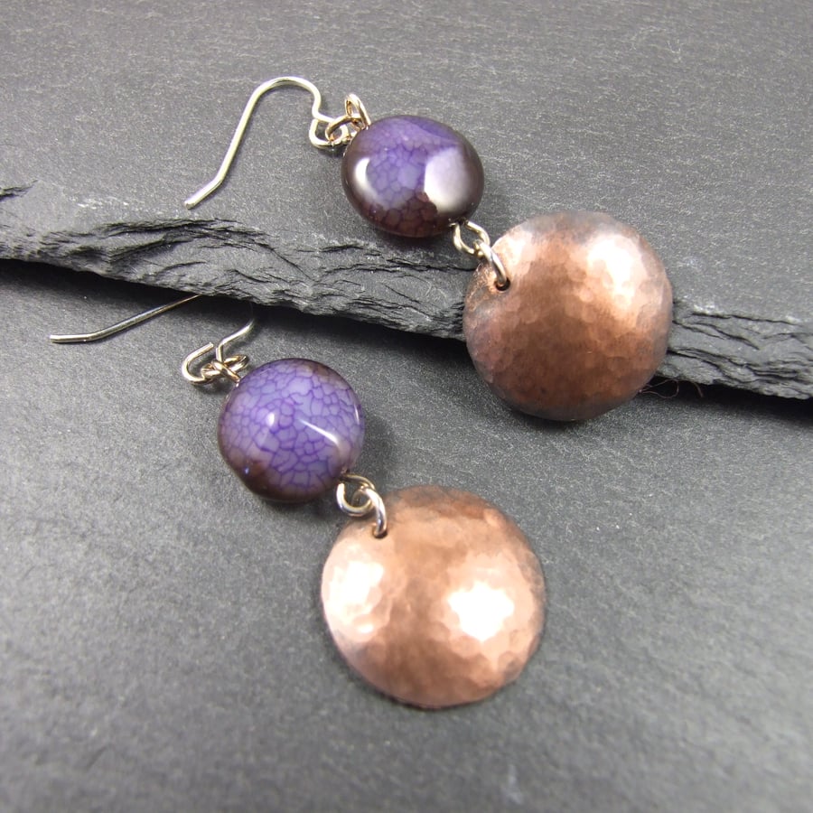 Earrings, Artisan Geometric Copper Disc, Purple Agate & Sterling Silver