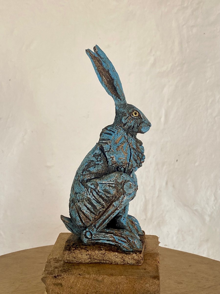 Blue hare sculpture in ceramic by Paul Szeiler
