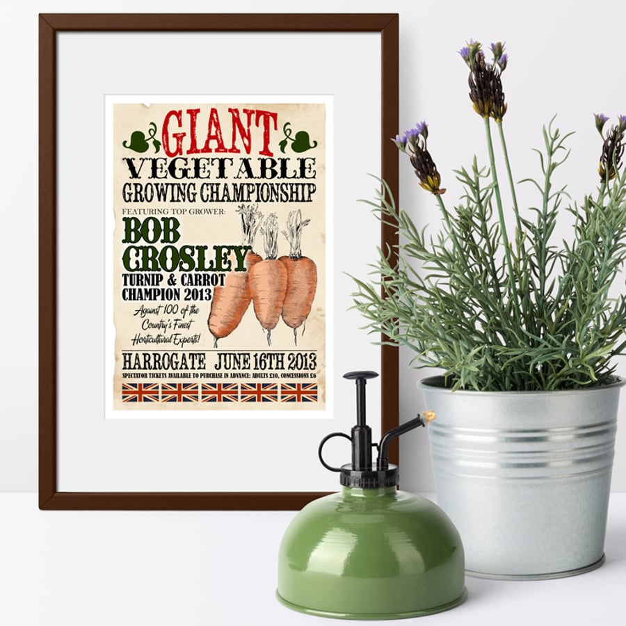 Vegetable Championship Vintage Style Personalised Art Print, gift for a gardener