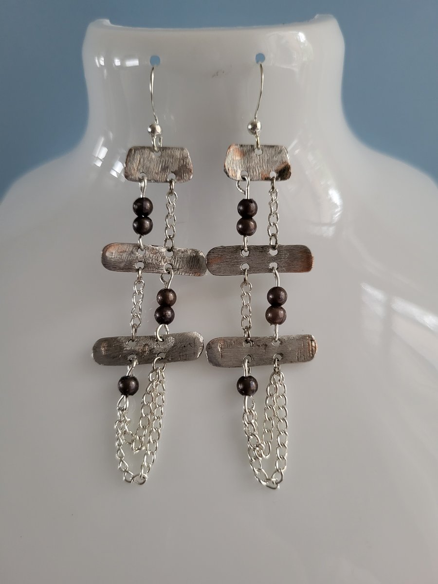 Silver Tone Upcycled Strip Earrings with Dark Bead Detail. Clip On or Wires
