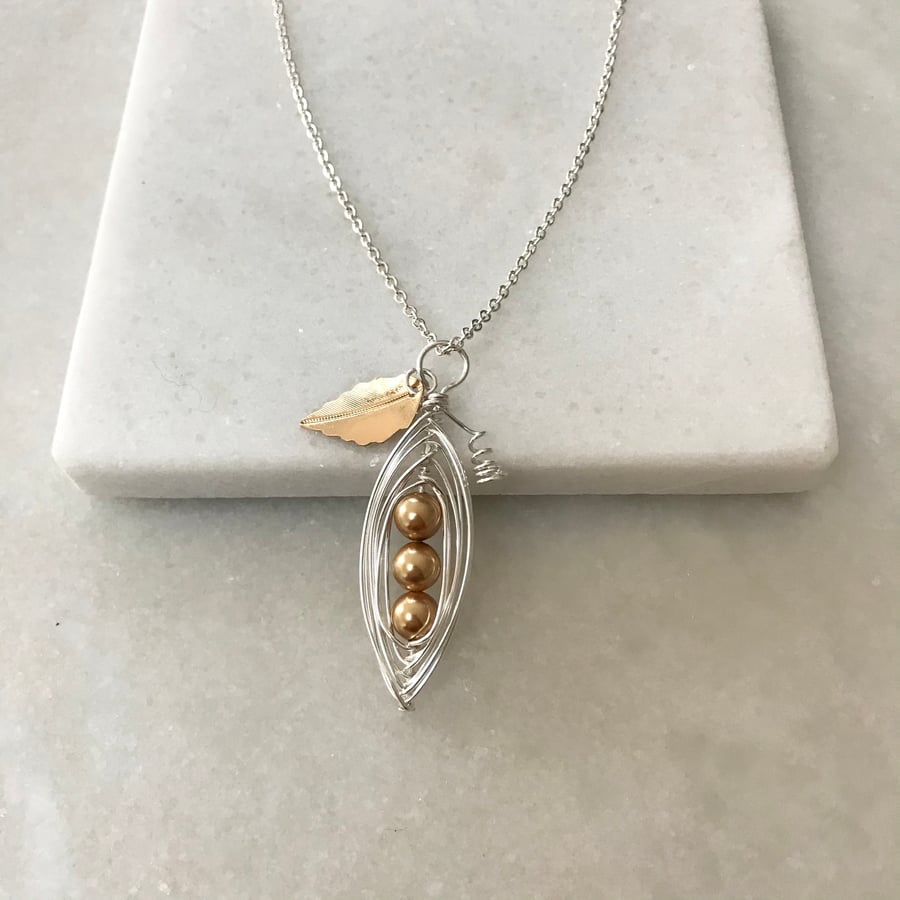 Handmade gold Swarovski pearl pea pod necklace, anniversary 