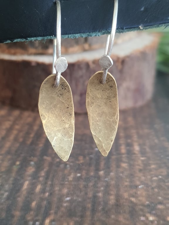 Brass and silver leaf drop dangly earrings