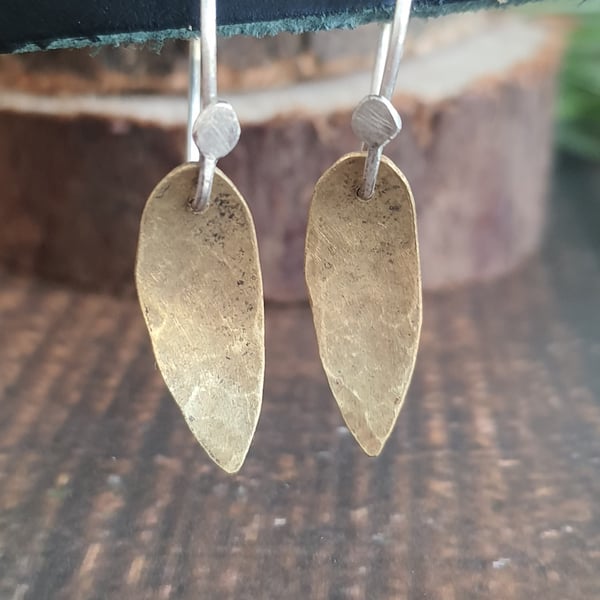 Brass and silver leaf drop dangly earrings