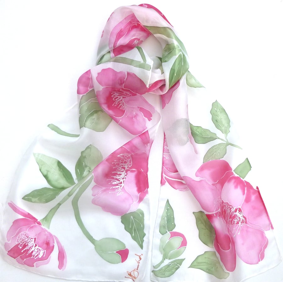 Hand painted Pink Peony Silk scarf