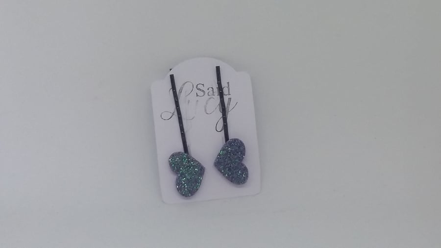 Purple heart hair clips glittery bobby pins