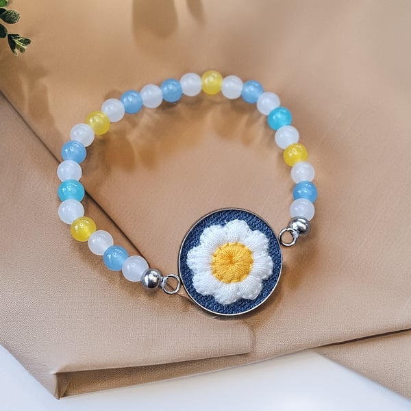 Fun Boho Beaded Bracelet – with White & Sunshine Daisy Bezel (Reclaimed Denim)
