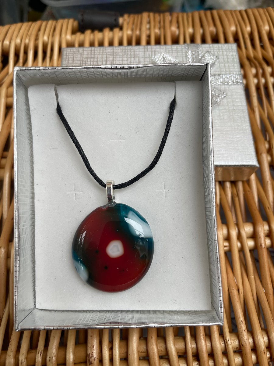 Fused glass pendant with silver plated bail and cord necklace includes gift box