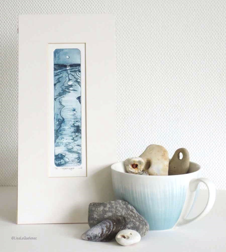 Moonlight reflecting over the ocean and onto the beach original print