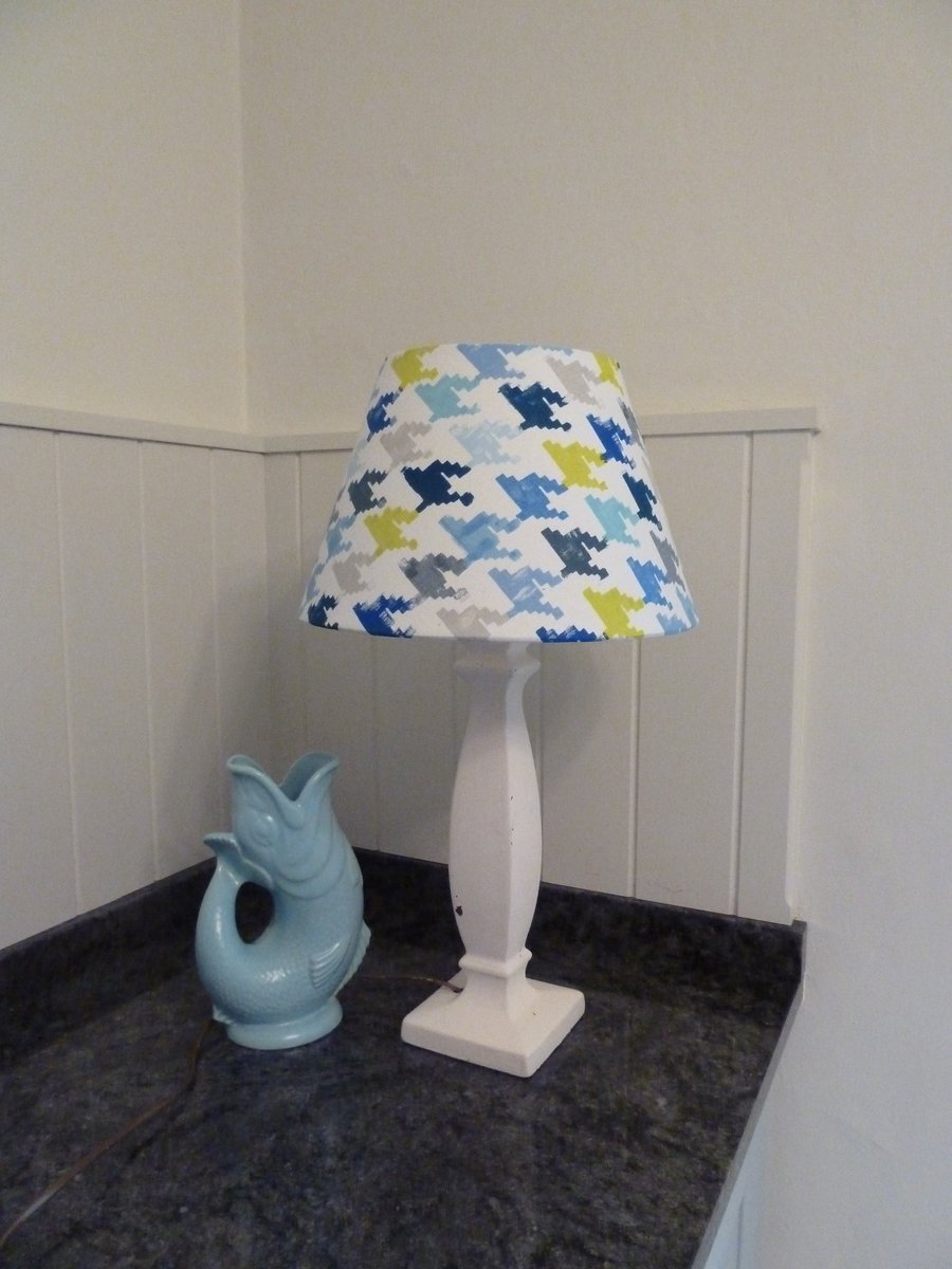 Dogtooth fabric covered lampshade - shades of blue dogtooth