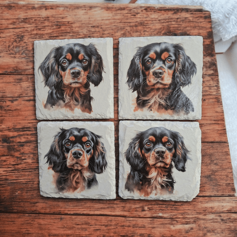  Cavalier King Charles Spaniel Dog Decoupaged Slate Coaster Set of 4