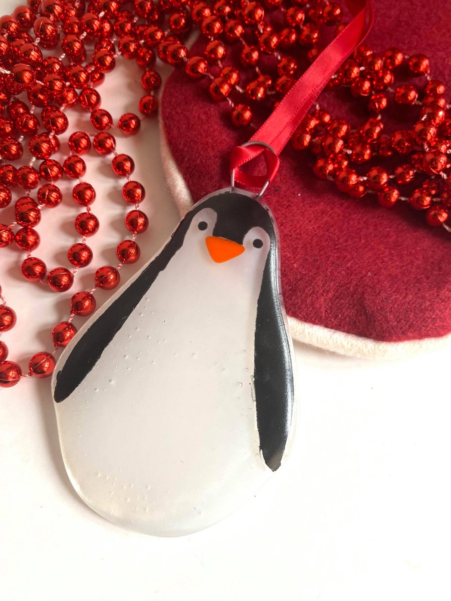 Fused Glass Penguin Christmas Hanging Decoration