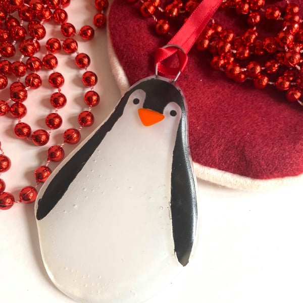 Fused Glass Penguin Christmas Hanging Decoration