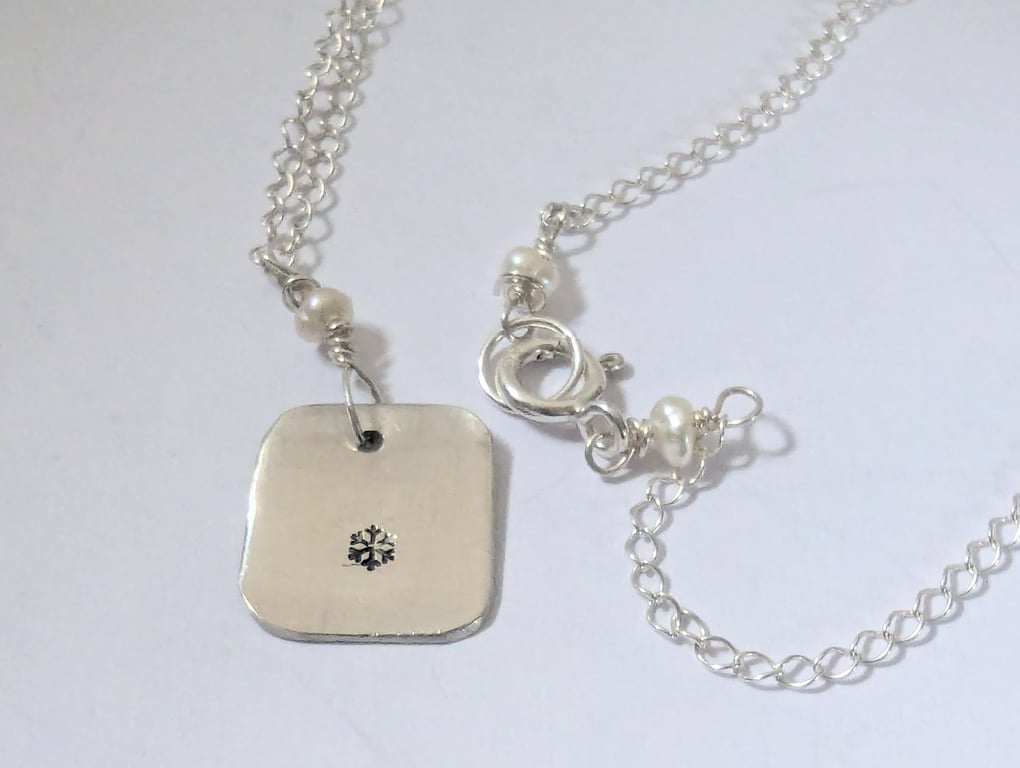 Snowflake Necklace, Sterling Silver, Hand Stamped