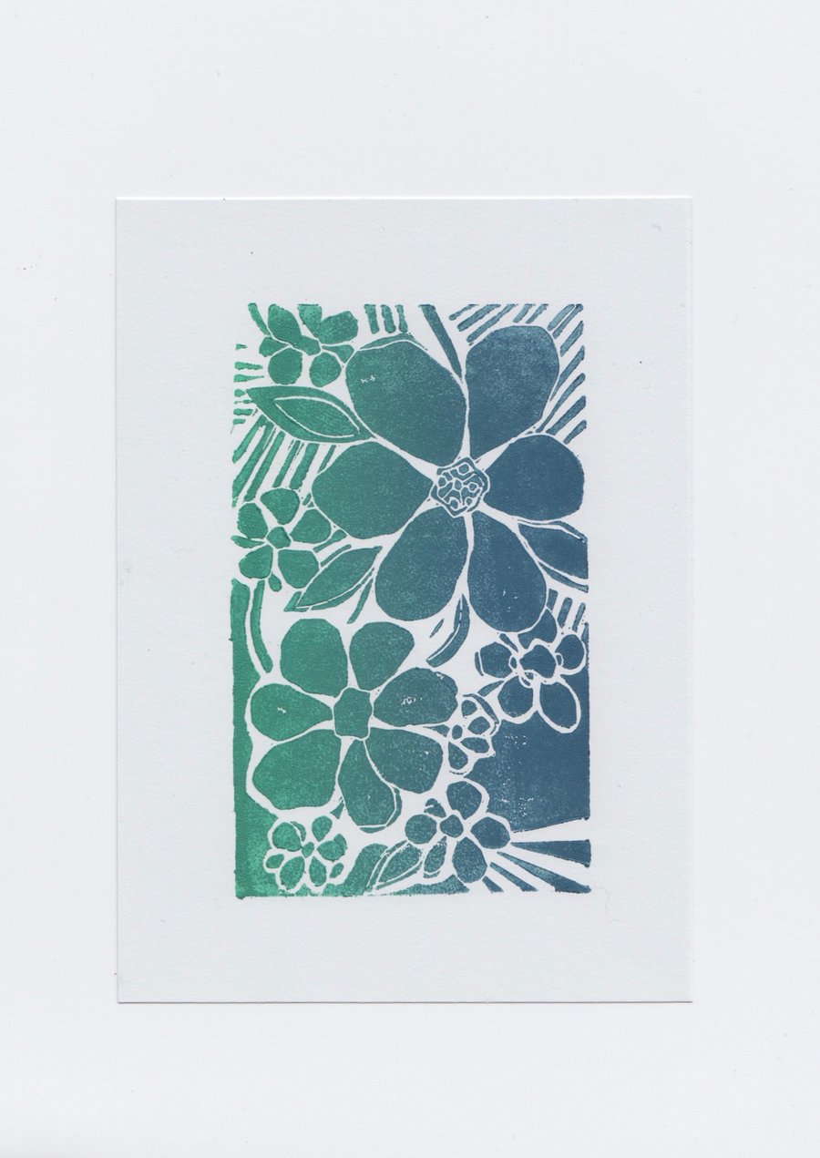 Blue & Green Flowers - Gradient Linocut Print 5x7