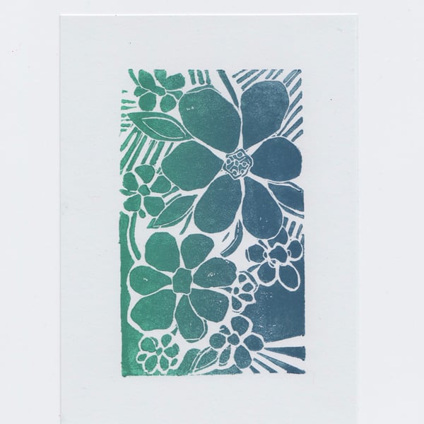 Blue & Green Flowers - Gradient Linocut Print 5x7