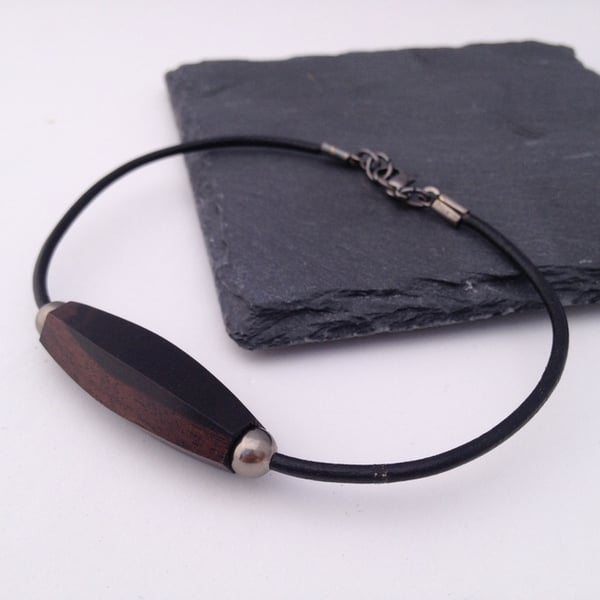 Gents Tiger Ebony Wood & Leather Cord Bracelet