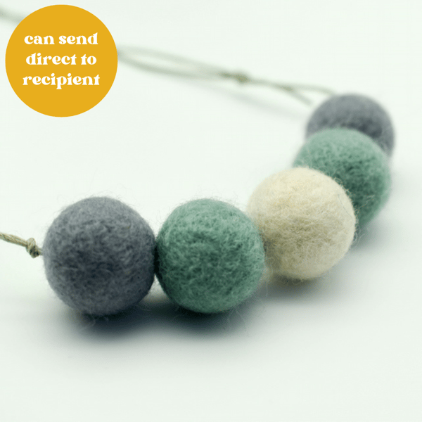 Felted bead necklace in grey, green and cream wool
