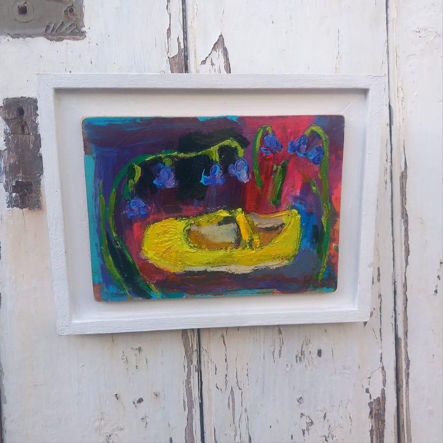 Small painting on wood 'the lost shoe in the bluebells ' 