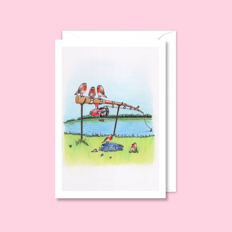 River Bank Greeting Card: Robins on a Fishing Rod Pencil Illustration (212)