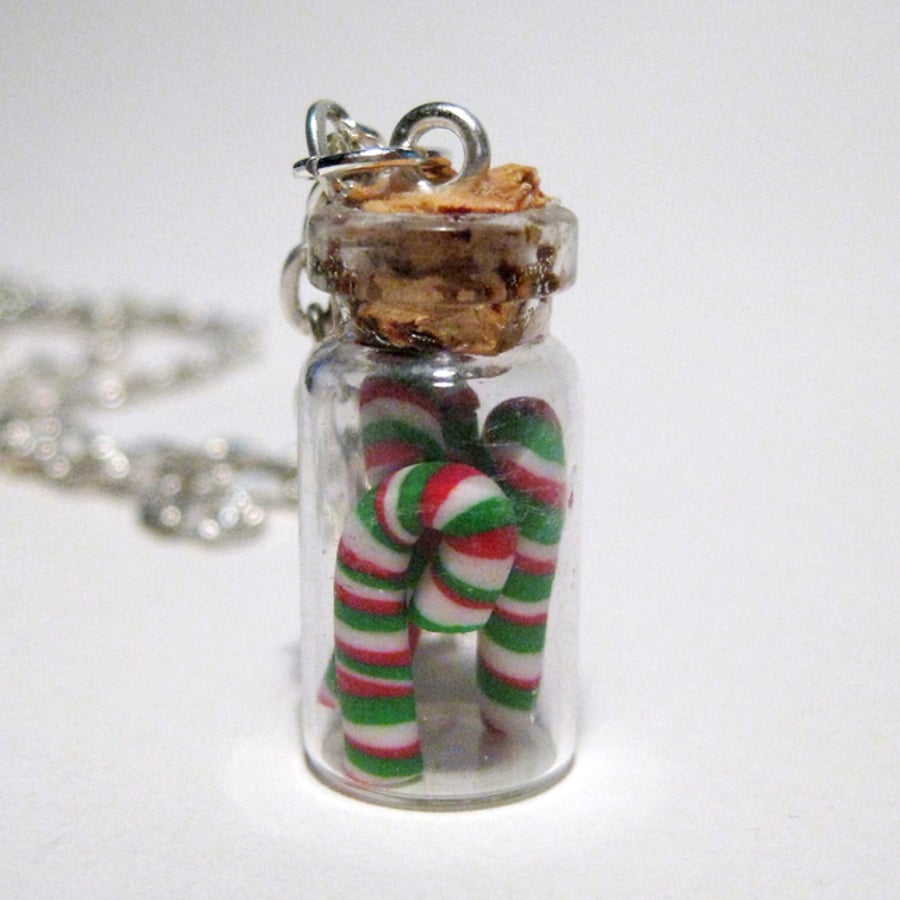 Retro Christmas Necklace - miniature candy canes in a jar Quirky, fun, unique