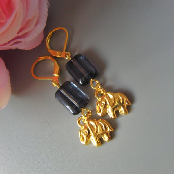  Navy Rectangular Bead Earrings with a Gold Plated Elephant Charm, Gift for Her
