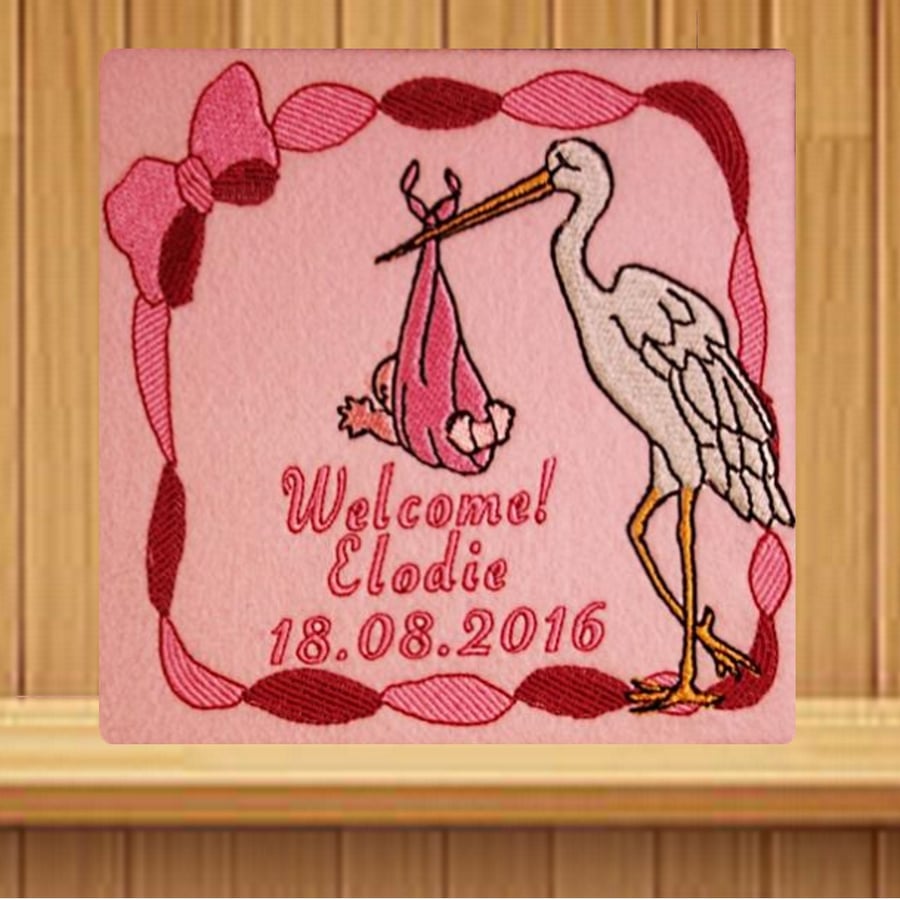 Handmade baby girl and stork personalised card embroidered design